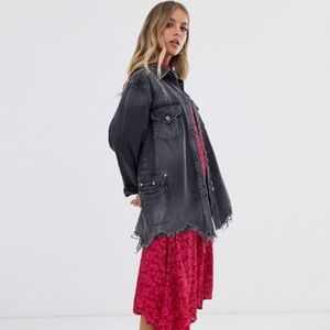 Free People Moonchild Distressed Denim Shirt Jacket Moon Dust Washed Black Small